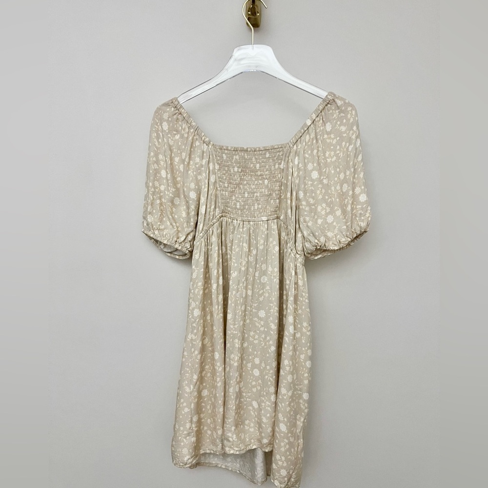 Tan Floral Print Front Tie Babydoll Mini Dress - Picture 10 of 14